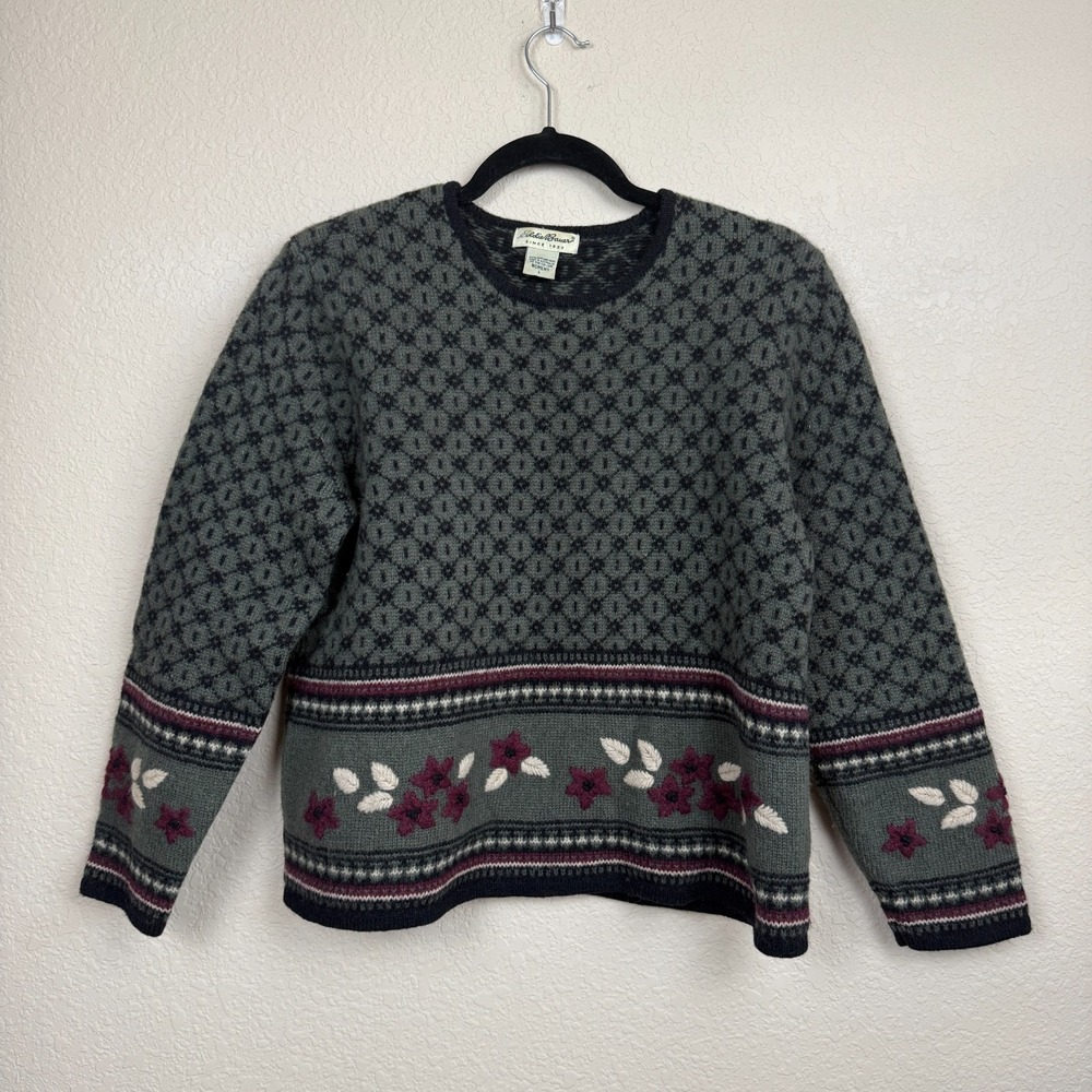 Vtg Eddie Bauer 100% Shetland Wool Women's Sweater Floral Embroidered Cottage L